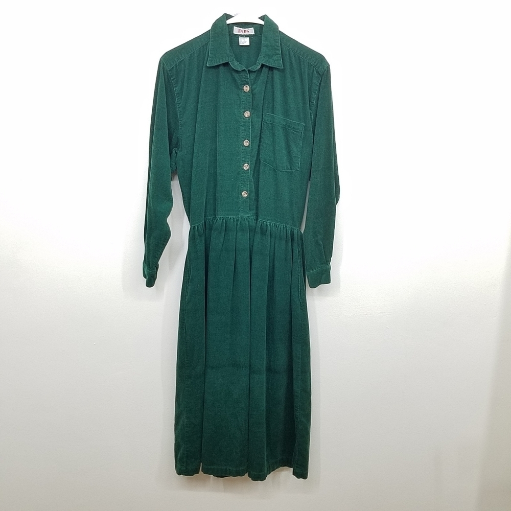Vintage FADS Corduroy Green Longsleeve 1/2 Button Front Cotton Midi Dress Small